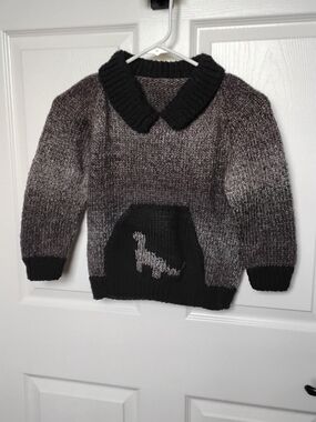 Kids Gray & Black HAND KNIT Sweater with‎ Dinosaur Pocket
